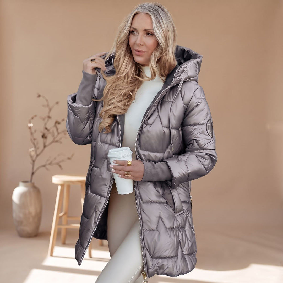 Damen Winterjacke Gesteppte Kapuzenjacke Glänzend Warm, Bronze - Grau