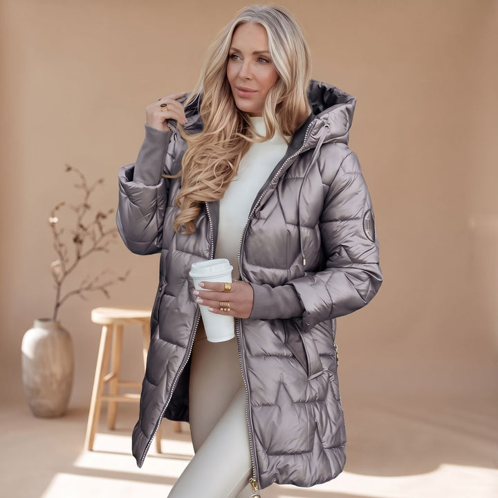 Damen Winterjacke Gesteppte Kapuzenjacke Glänzend Warm, Bronze - Grau