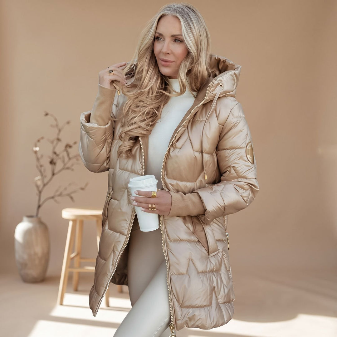 Damen Winterjacke Gesteppte Kapuzenjacke Glänzend Warm, Bronze - Beige