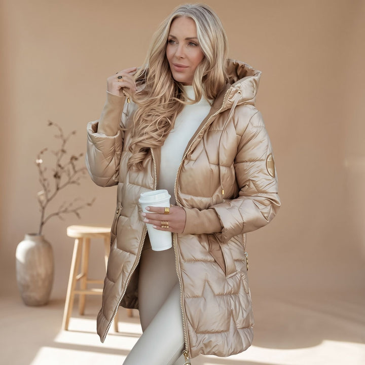 Damen Winterjacke Gesteppte Kapuzenjacke Glänzend Warm, Bronze - Beige