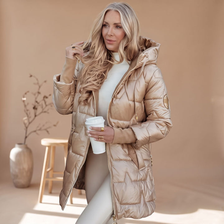 Damen Winterjacke Gesteppte Kapuzenjacke Glänzend Warm, Bronze