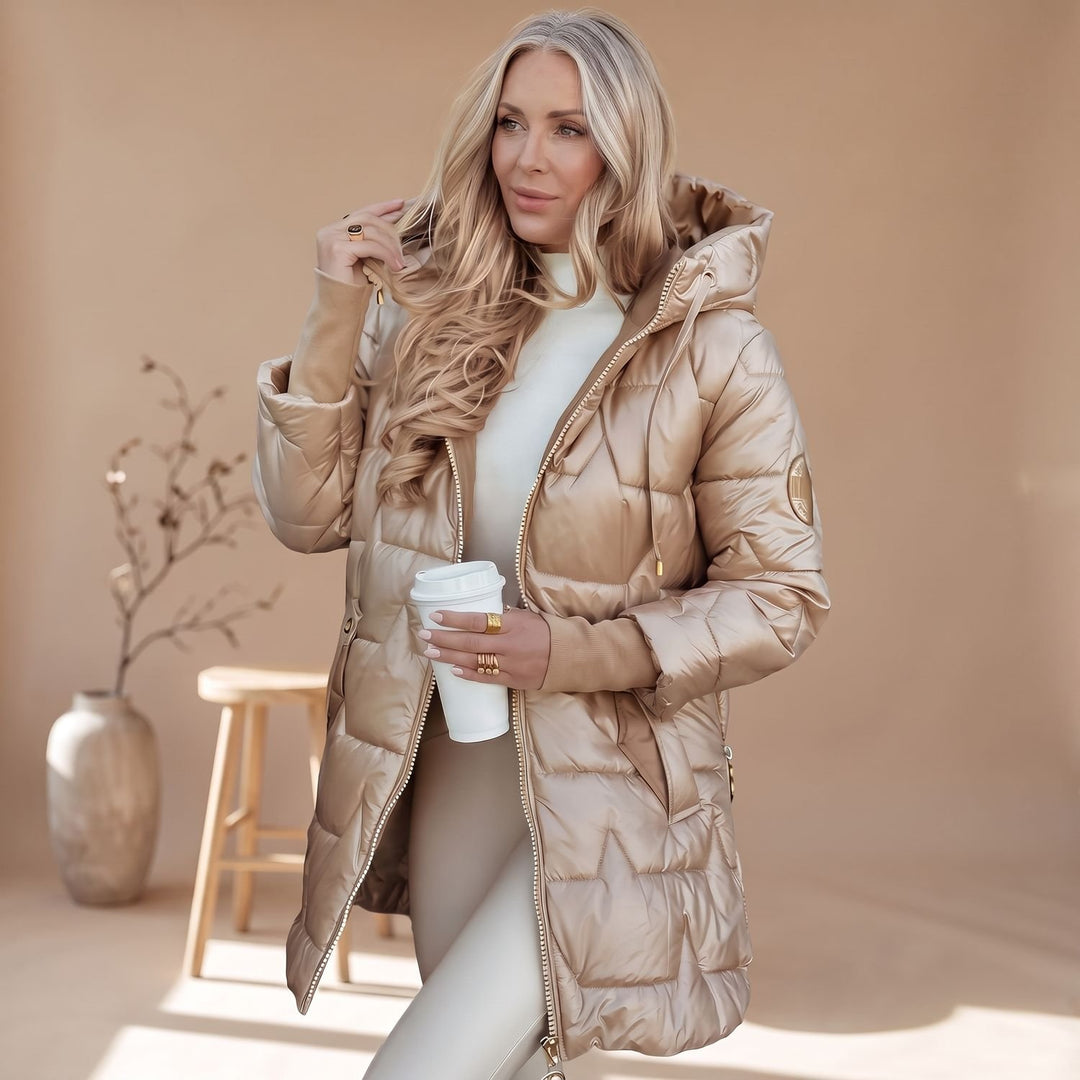 Damen Winterjacke Gesteppte Kapuzenjacke Glänzend Warm, Bronze