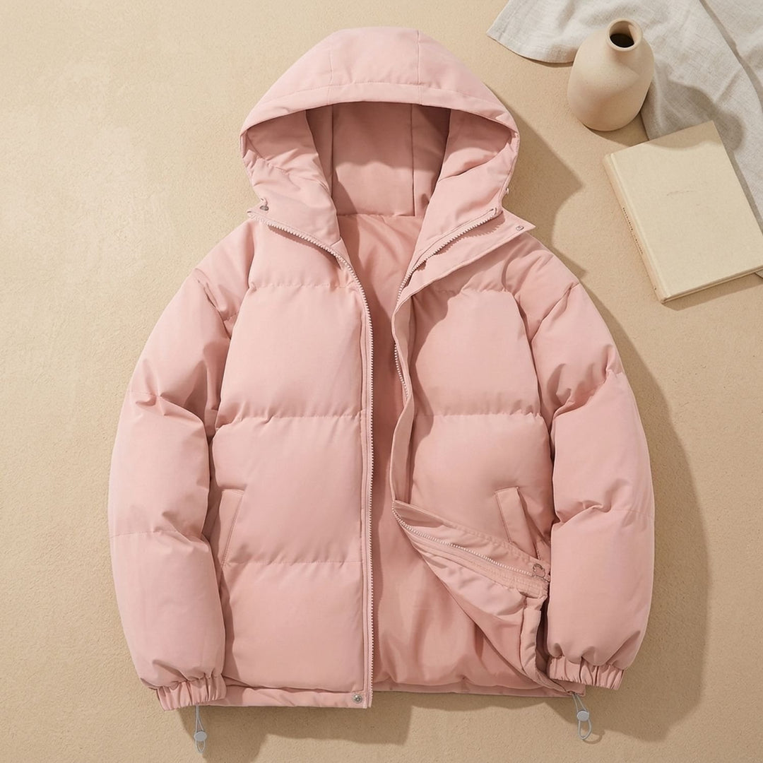Damen Winterjacke gesteppte Kapuzenjacke mit Reißverschluss, Khaki - Rosa