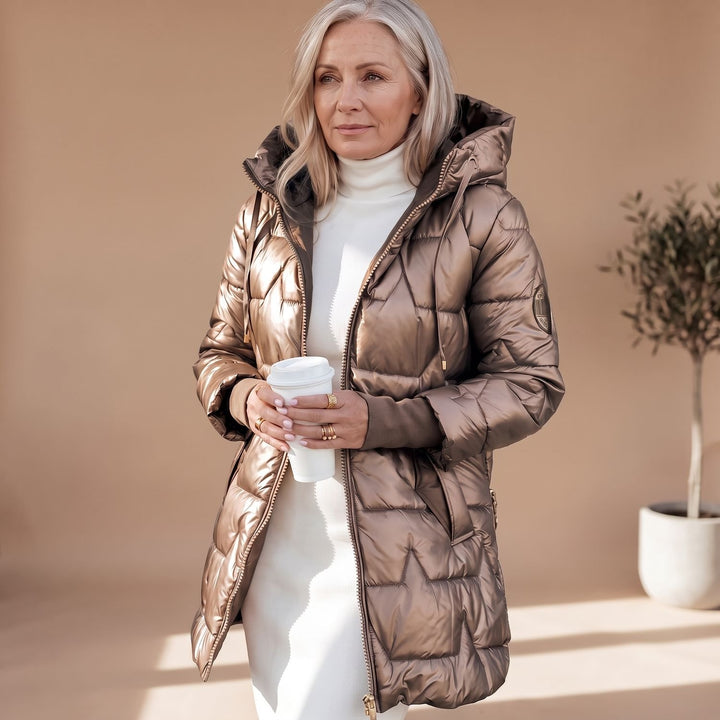 Damen Winterjacke Gesteppte Midi Pufferjacke mit Kapuze - Bronze