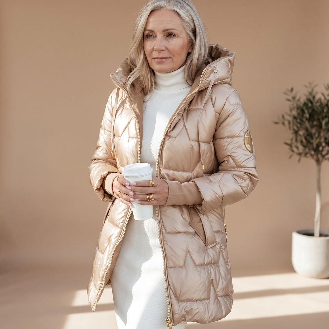 Damen Winterjacke Gesteppte Midi Pufferjacke mit Kapuze
