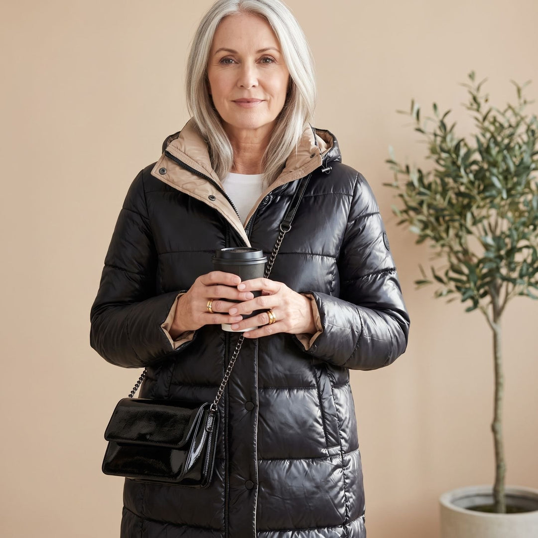Damen Winterjacke Gesteppte Midi Pufferjacke mit Kapuze - Schwarz