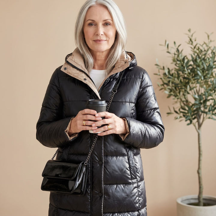 Damen Winterjacke Gesteppte Midi Pufferjacke mit Kapuze - Schwarz