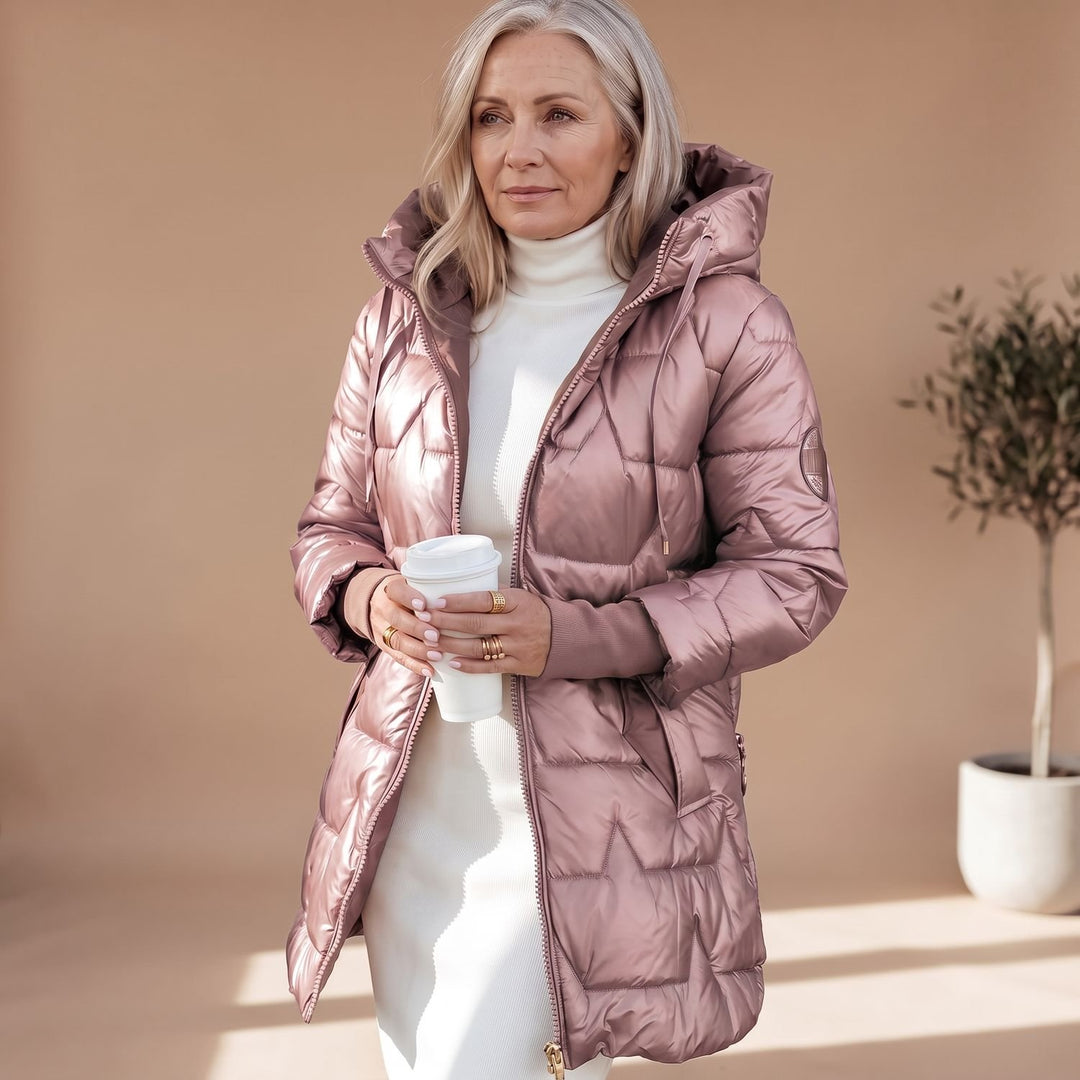 Damen Winterjacke Gesteppte Midi Pufferjacke mit Kapuze
