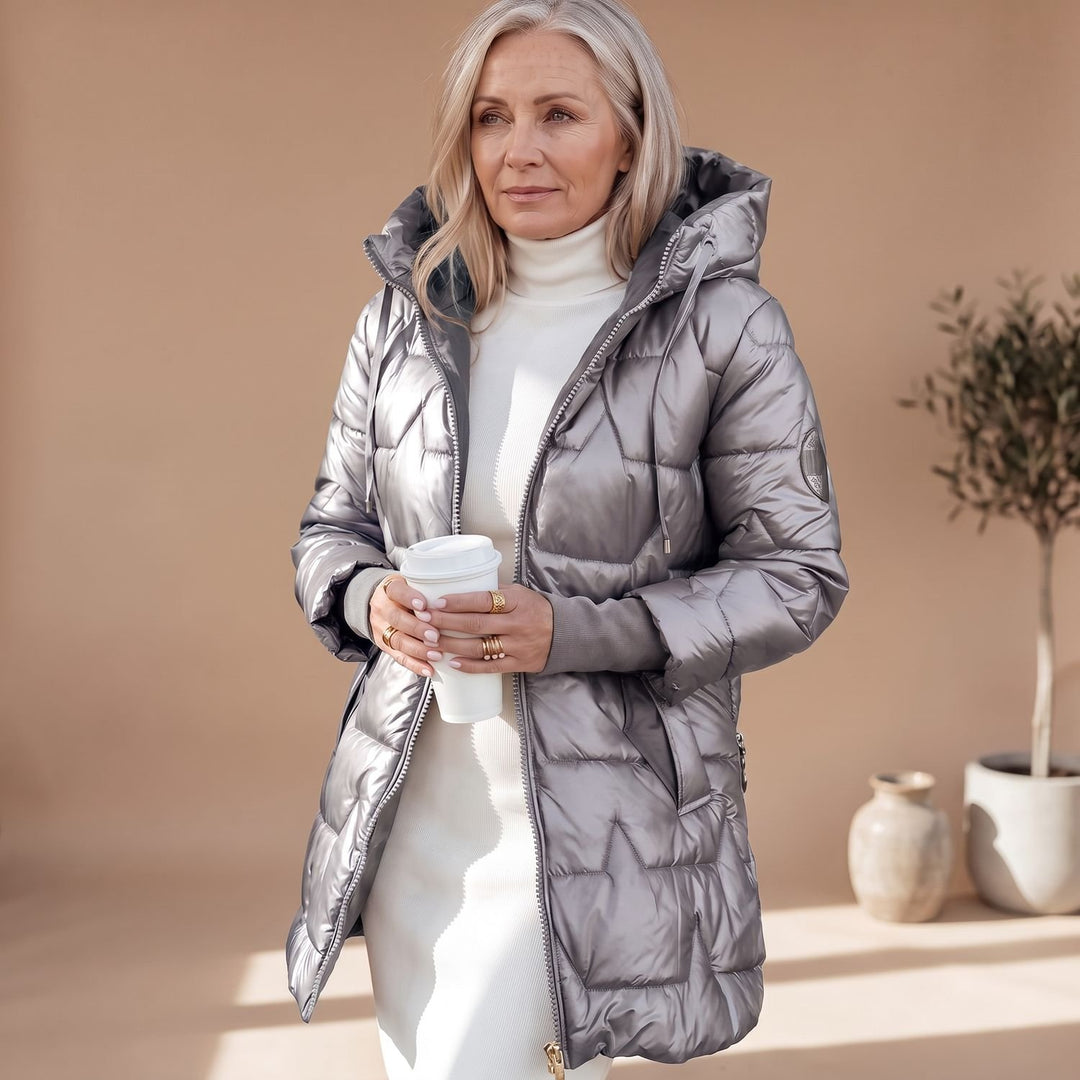 Damen Winterjacke Gesteppte Midi Pufferjacke mit Kapuze