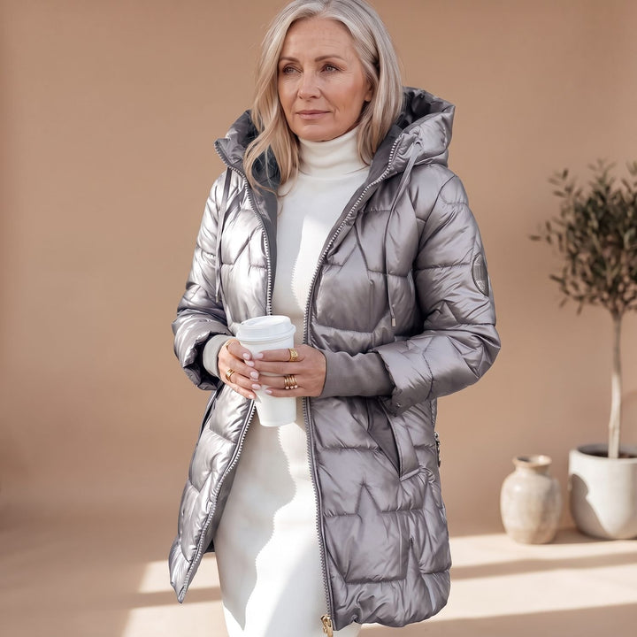 Damen Winterjacke Gesteppte Midi Pufferjacke mit Kapuze