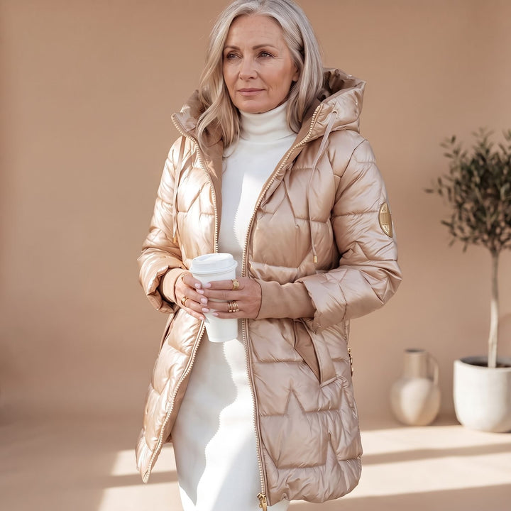 Damen Winterjacke Gesteppte Midi Pufferjacke mit Kapuze - Champagner
