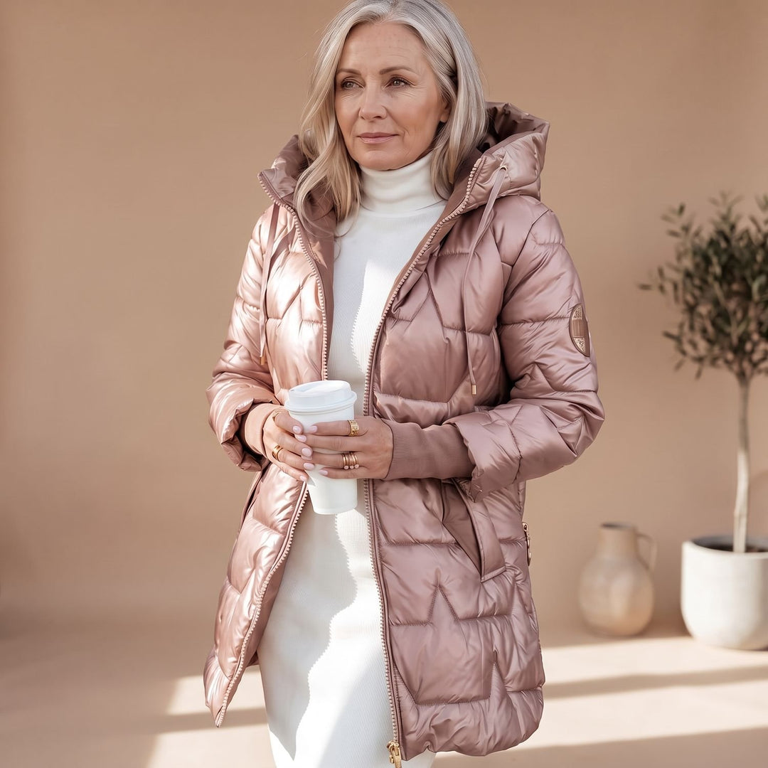 Damen Winterjacke Gesteppte Midi Pufferjacke mit Kapuze - Rosa