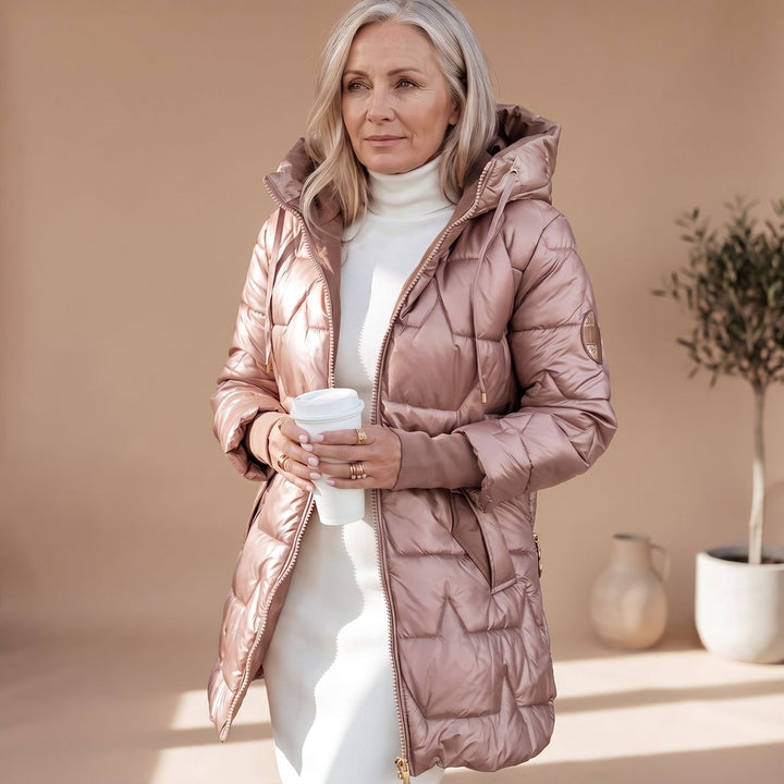 Damen Winterjacke Gesteppte Midi Pufferjacke mit Kapuze - Rosa