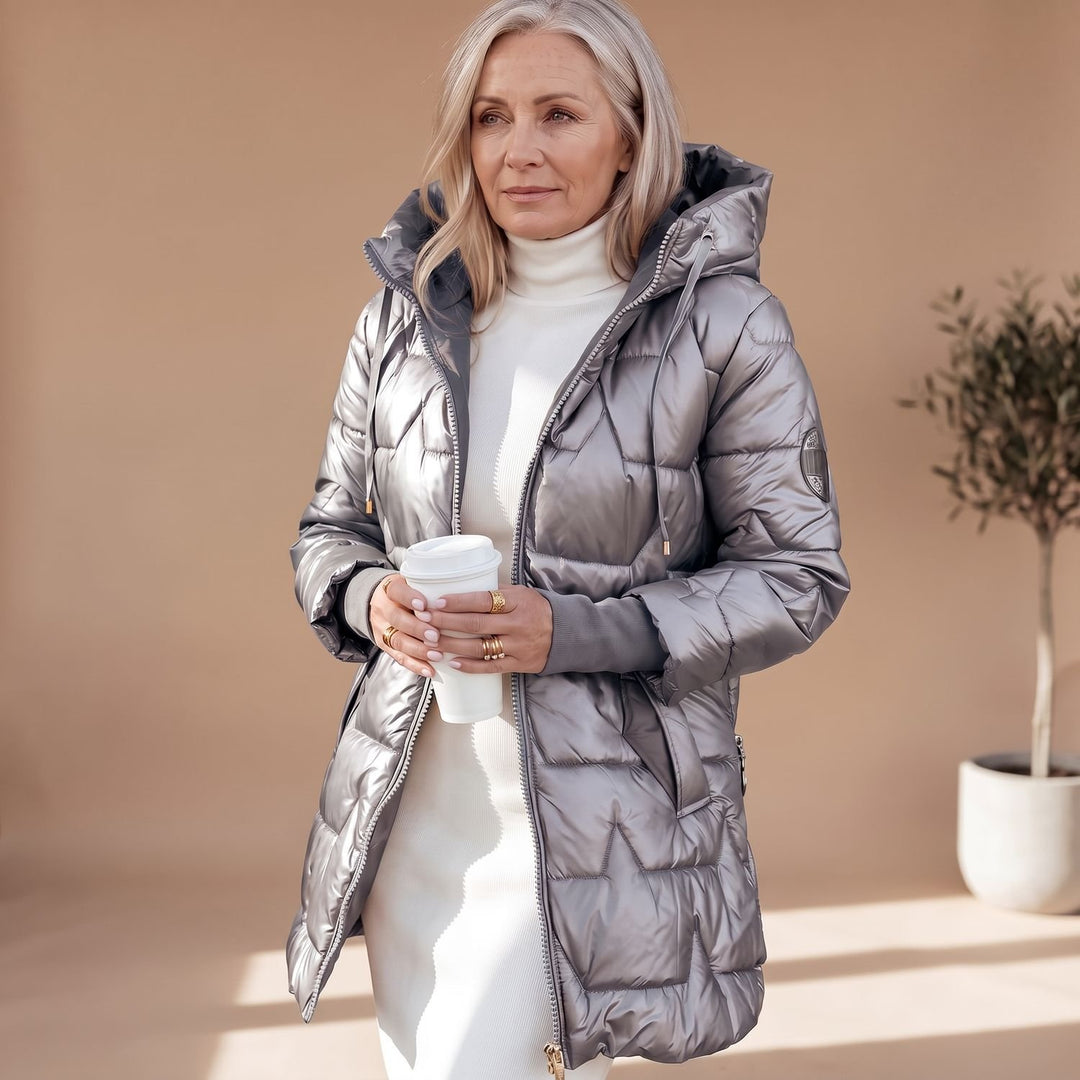 Damen Winterjacke Gesteppte Midi Pufferjacke mit Kapuze - Grau