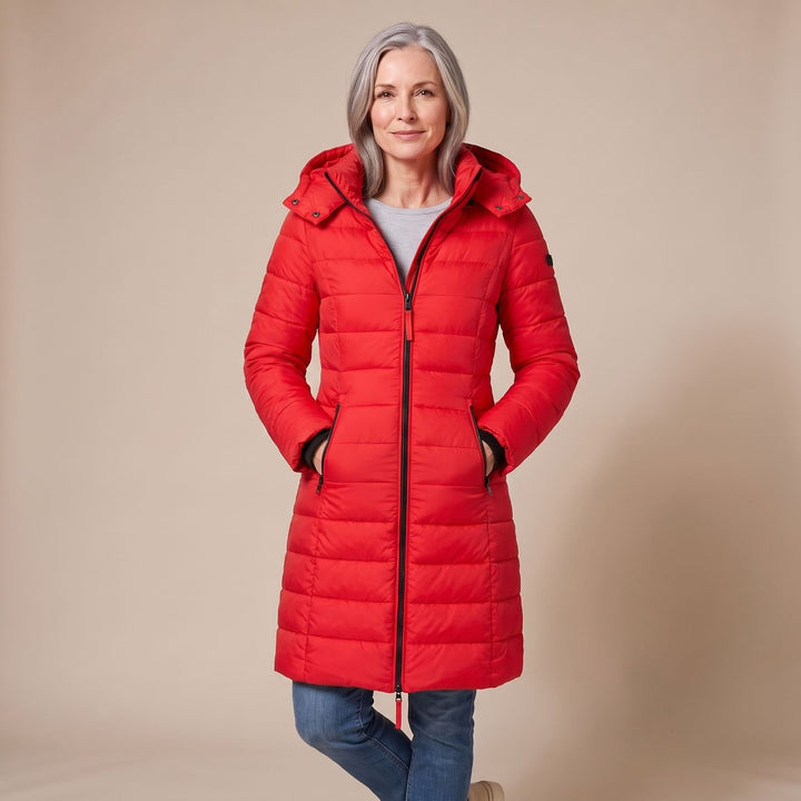 Damen Winterjacke Gesteppte Midi-Steppjacke mit Kapuze und Reißverschluss - Rot
