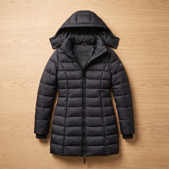 Damen Winterjacke Gesteppte Midi-Steppjacke mit Kapuze und Reißverschluss