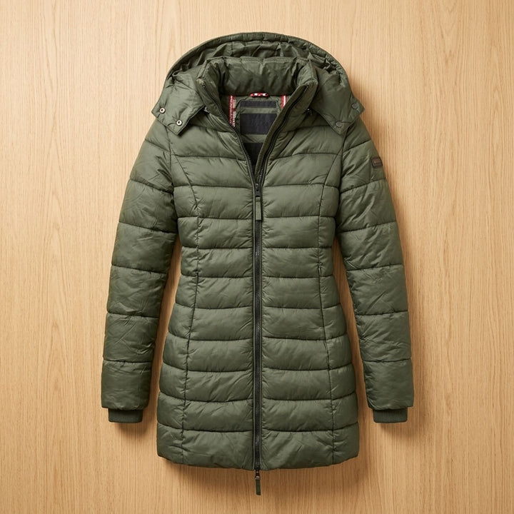 Damen Winterjacke Gesteppte Midi-Steppjacke mit Kapuze und Reißverschluss