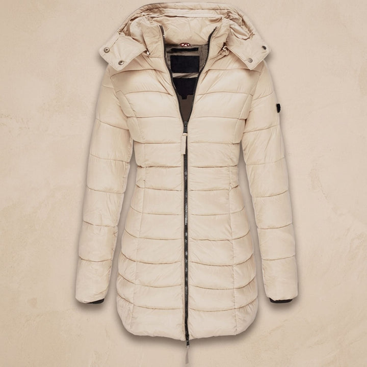 Damen Winterjacke Gesteppte Midi-Steppjacke mit Kapuze und Reißverschluss