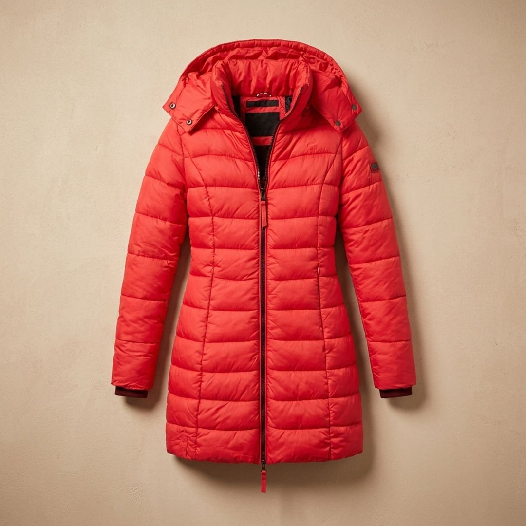 Damen Winterjacke Gesteppte Midi-Steppjacke mit Kapuze und Reißverschluss