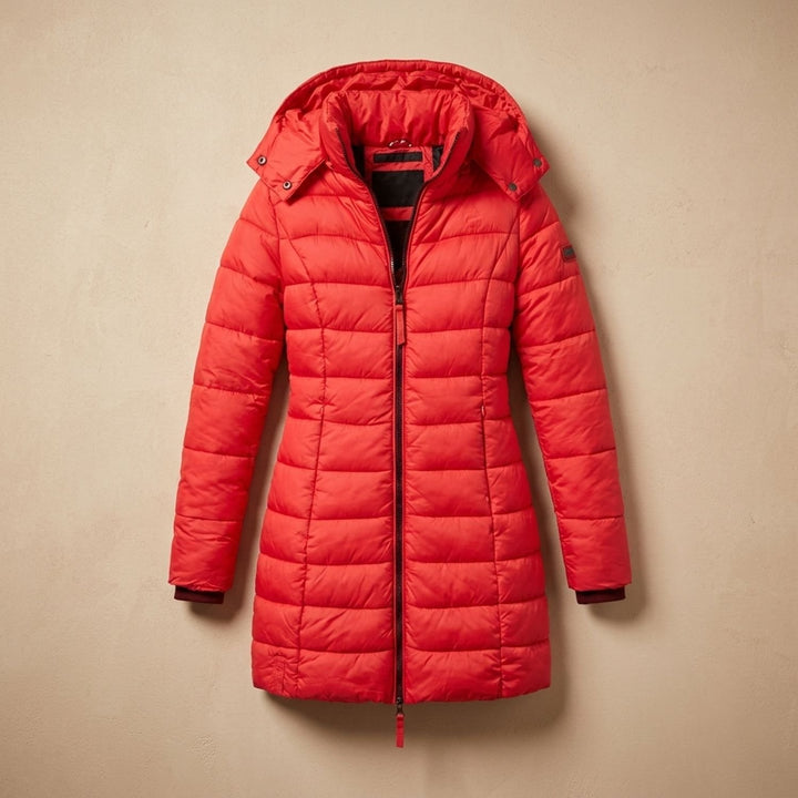Damen Winterjacke Gesteppte Midi-Steppjacke mit Kapuze und Reißverschluss