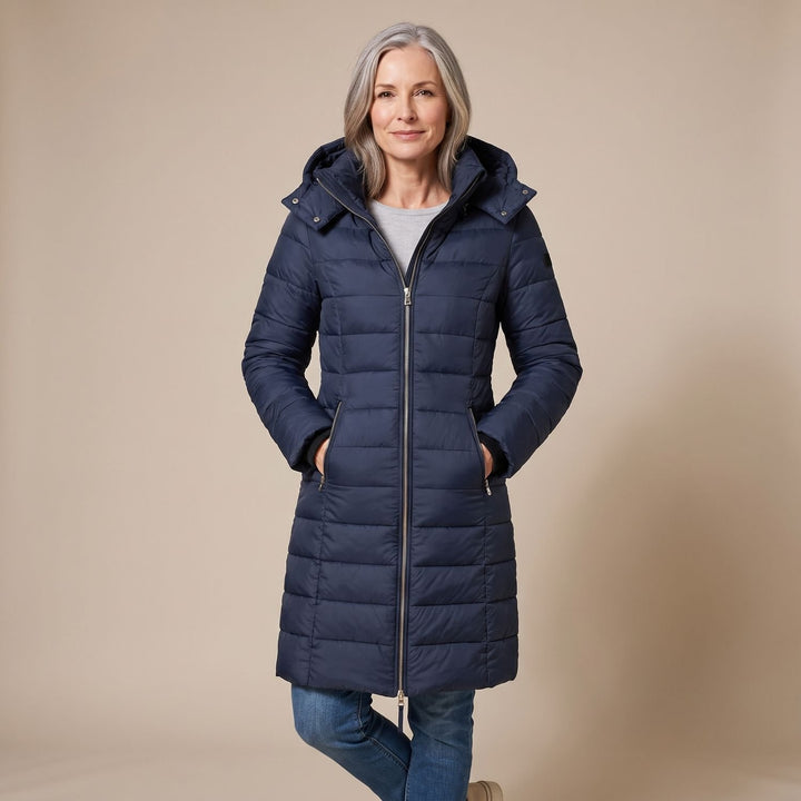 Damen Winterjacke Gesteppte Midi-Steppjacke mit Kapuze und Reißverschluss - Marineblau