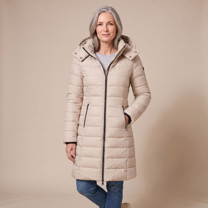 Damen Winterjacke Gesteppte Midi-Steppjacke mit Kapuze und Reißverschluss - Khaki
