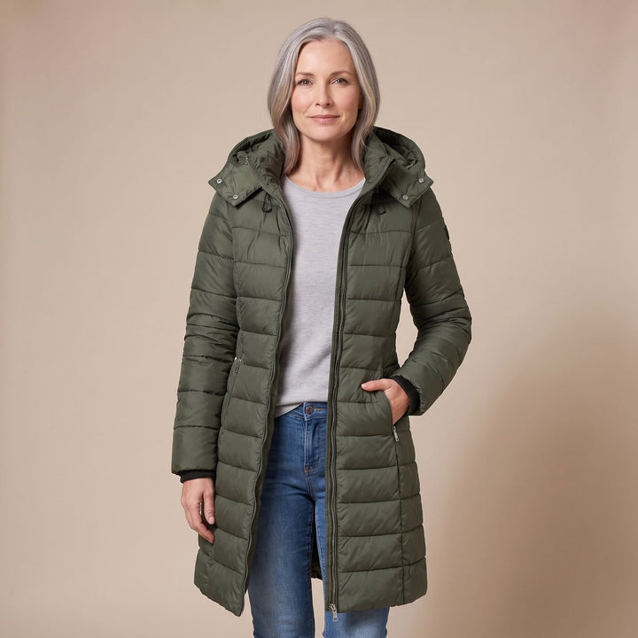 Damen Winterjacke Gesteppte Midi-Steppjacke mit Kapuze und Reißverschluss - Grün