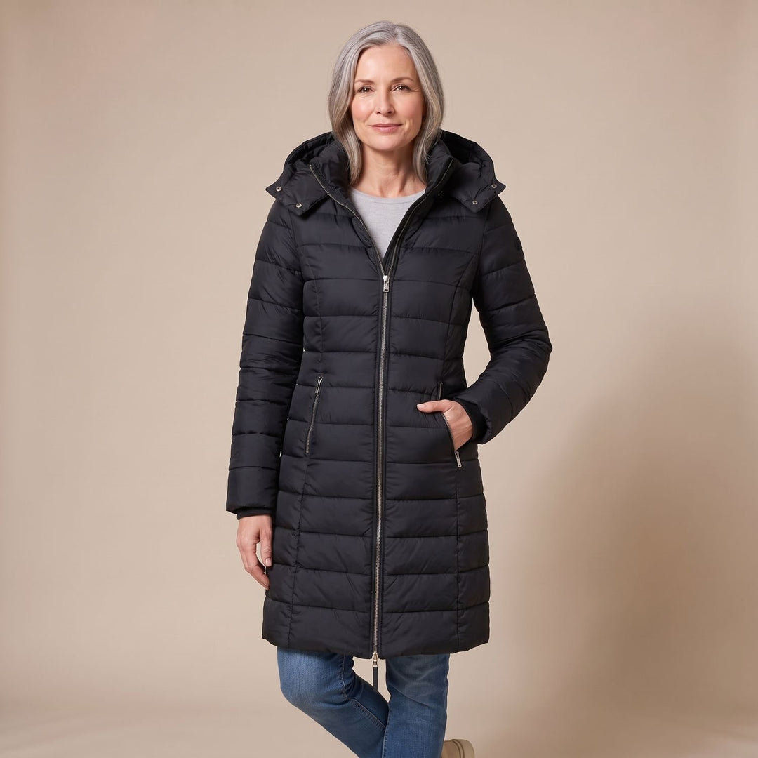 Damen Winterjacke Gesteppte Midi-Steppjacke mit Kapuze und Reißverschluss - Schwarz