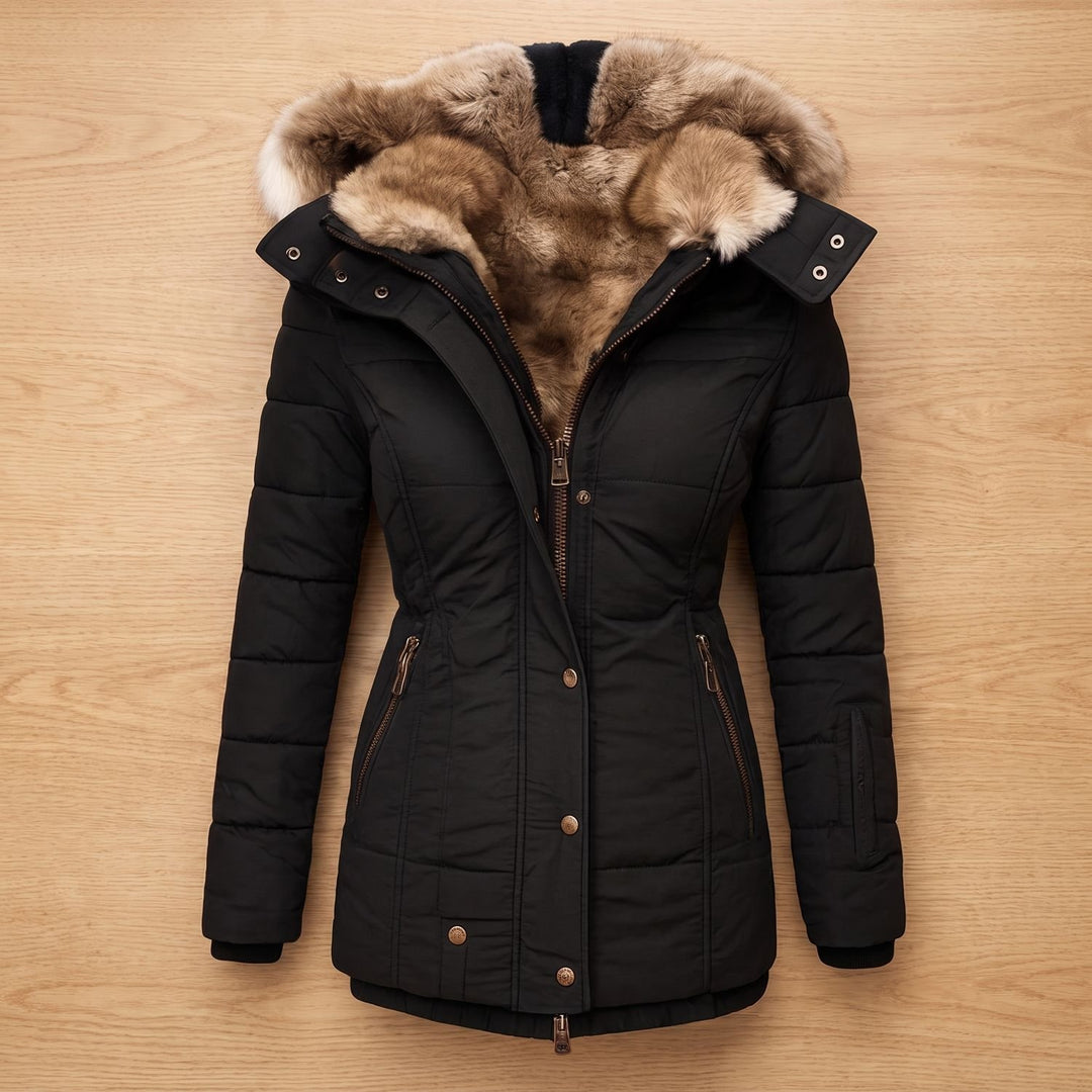 Damen Winterjacke Gesteppte Taillierte Kapuzenjacke mit Kunstfellkragen - Schwarz