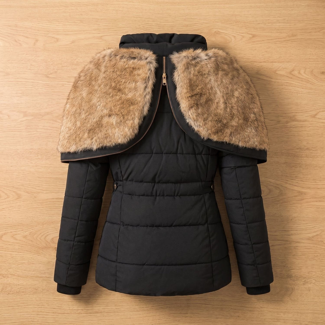 Damen Winterjacke Gesteppte Taillierte Kapuzenjacke mit Kunstfellkragen