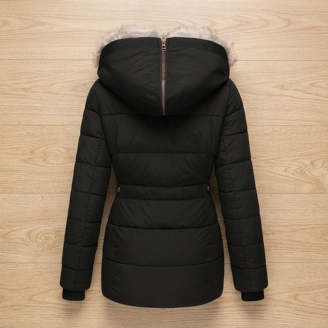 Damen Winterjacke Gesteppte Taillierte Kapuzenjacke mit Kunstfellkragen