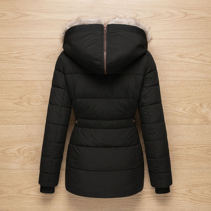 Damen Winterjacke Gesteppte Taillierte Kapuzenjacke mit Kunstfellkragen