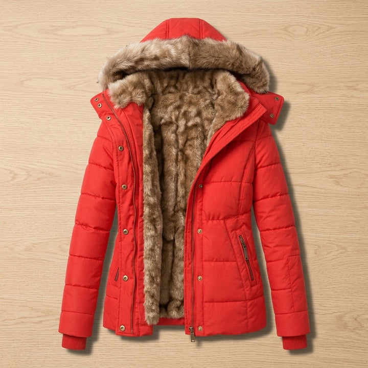 Damen Winterjacke Gesteppte Taillierte Kapuzenjacke mit Kunstfellkragen - Rot