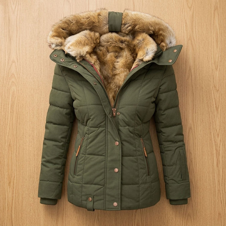Damen Winterjacke Gesteppte Taillierte Kapuzenjacke mit Kunstfellkragen - Grün