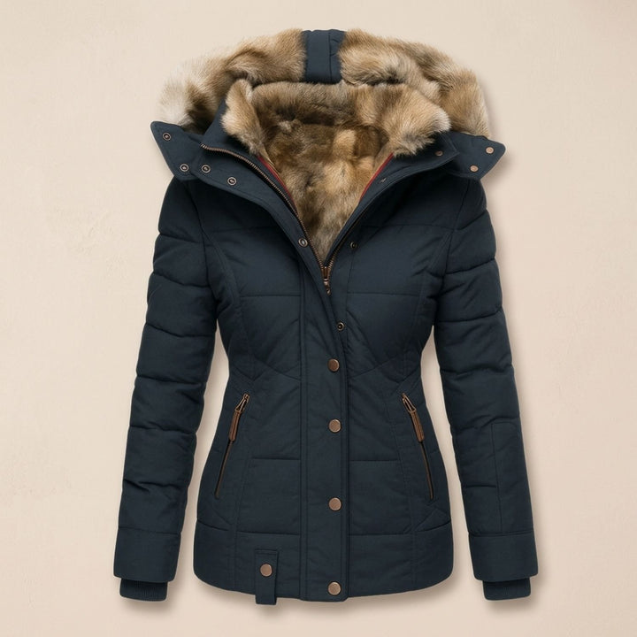 Damen Winterjacke Gesteppte Taillierte Kapuzenjacke mit Kunstfellkragen - Dunkelblau