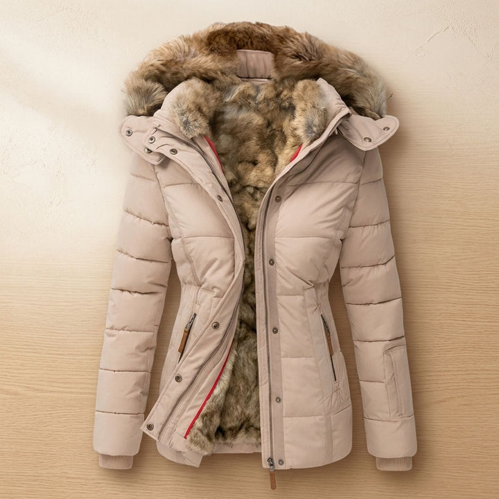 Damen Winterjacke Gesteppte Taillierte Kapuzenjacke mit Kunstfellkragen - Beige
