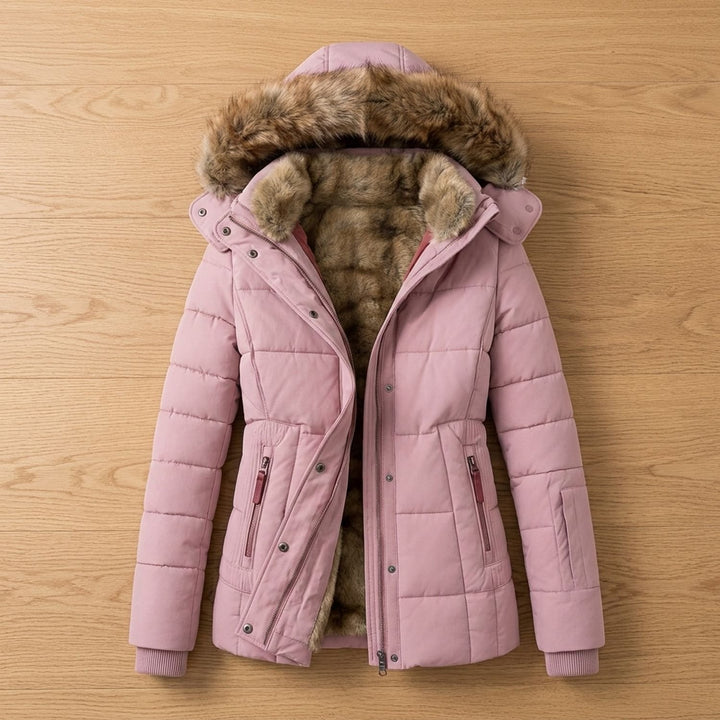 Damen Winterjacke Gesteppte Taillierte Kapuzenjacke mit Kunstfellkragen - Rosa