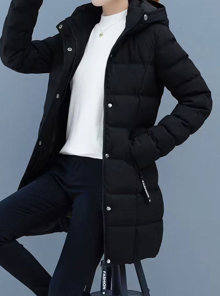 Damen Winterjacke Gesteppter Mantel mit Kapuze Reißverschluss Mittellang