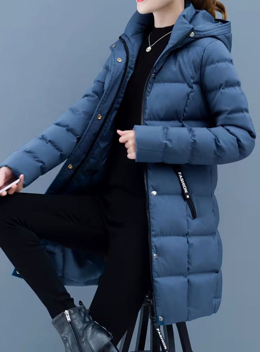 Damen Winterjacke Gesteppter Mantel mit Kapuze Reißverschluss Mittellang - Blau