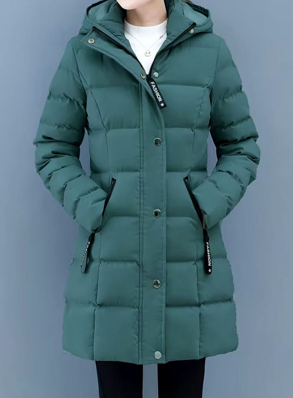 Damen Winterjacke Gesteppter Mantel mit Kapuze Reißverschluss Mittellang - Grün