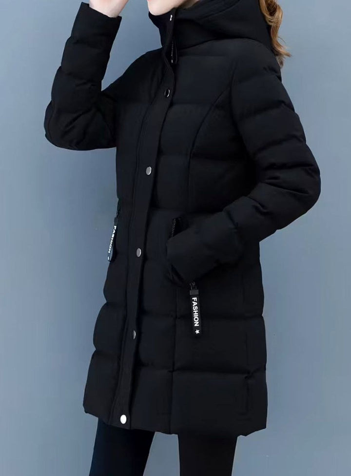 Damen Winterjacke Gesteppter Mantel mit Kapuze Reißverschluss Mittellang