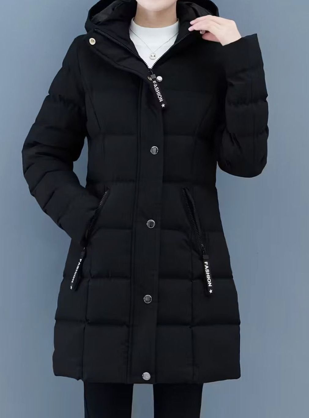 Damen Winterjacke Gesteppter Mantel mit Kapuze Reißverschluss Mittellang