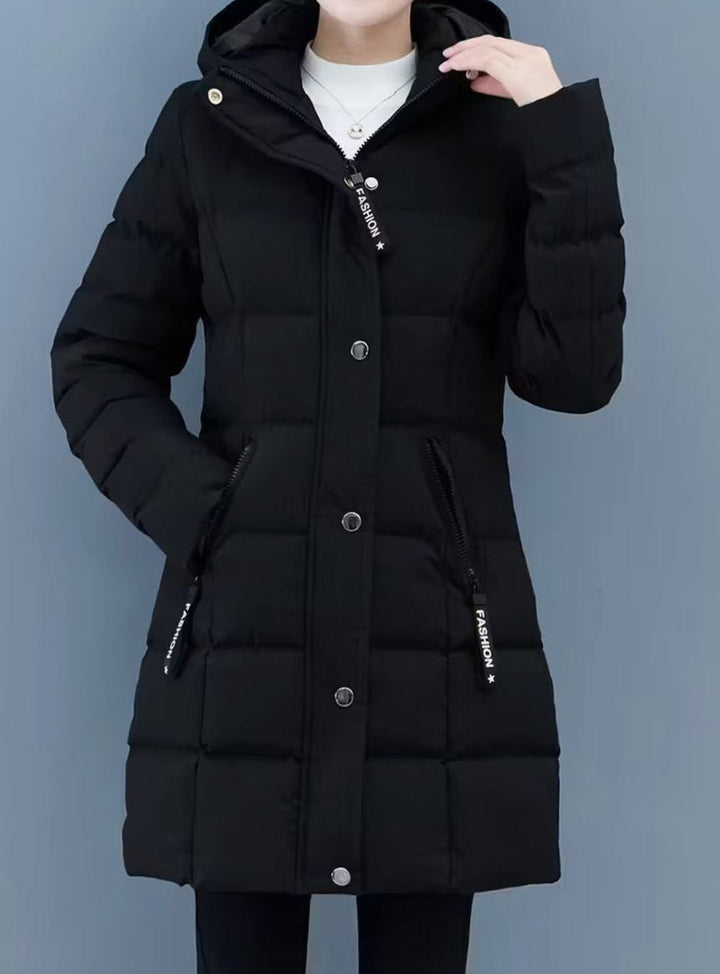 Damen Winterjacke Gesteppter Mantel mit Kapuze Reißverschluss Mittellang