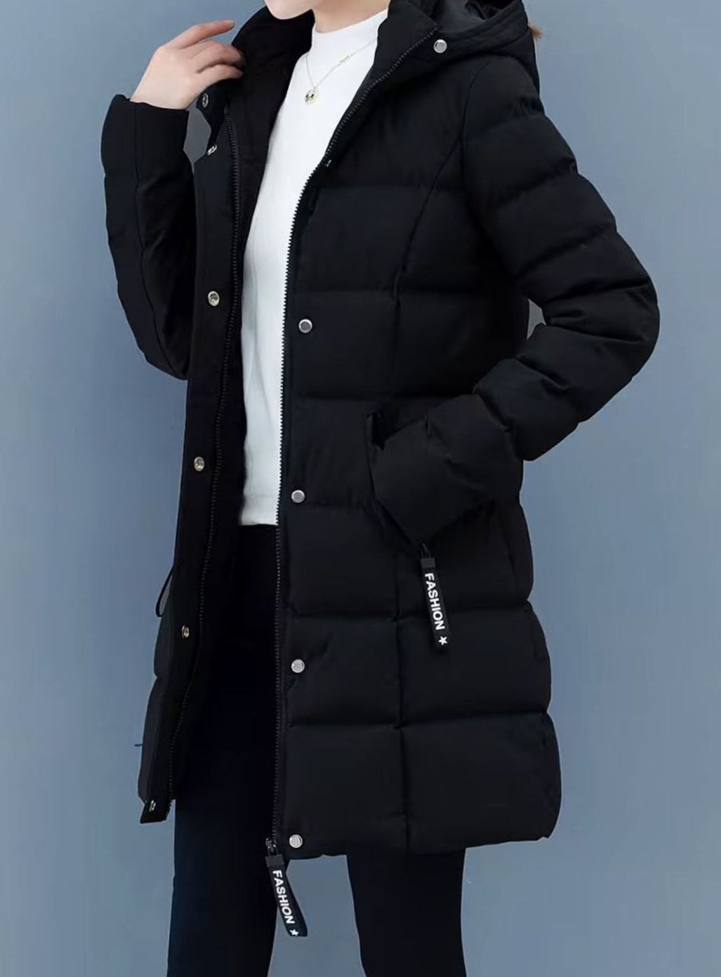 Damen Winterjacke Gesteppter Mantel mit Kapuze Reißverschluss Mittellang - Schwarz