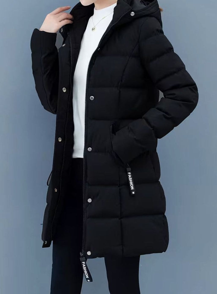 Damen Winterjacke Gesteppter Mantel mit Kapuze Reißverschluss Mittellang - Schwarz