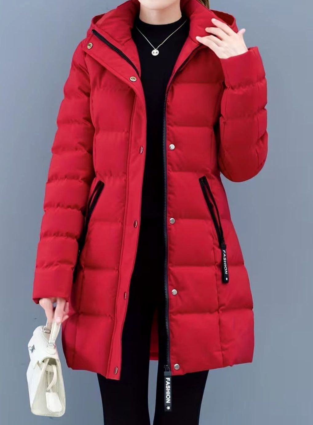 Damen Winterjacke Gesteppter Mantel mit Kapuze Reißverschluss Mittellang - Rot