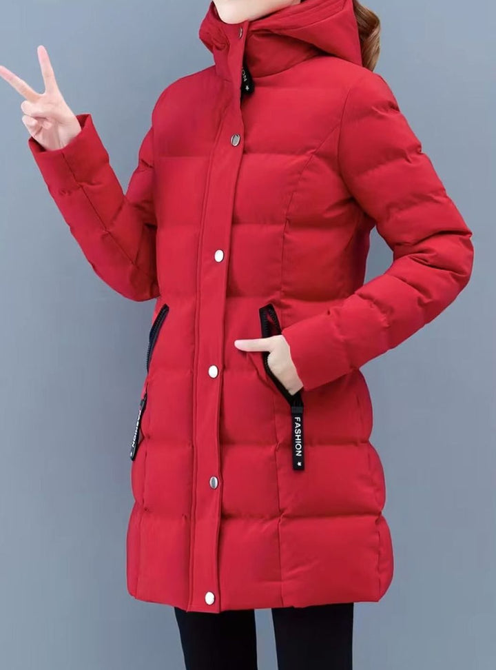 Damen Winterjacke Gesteppter Mantel mit Kapuze Reißverschluss Mittellang