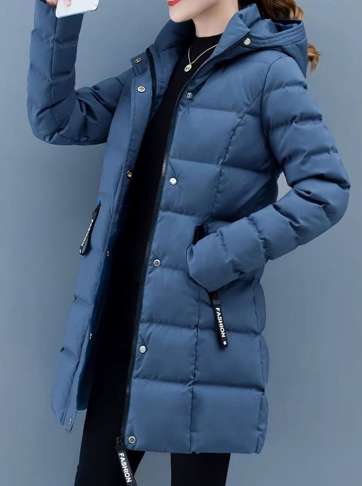 Damen Winterjacke Gesteppter Mantel mit Kapuze Reißverschluss Mittellang