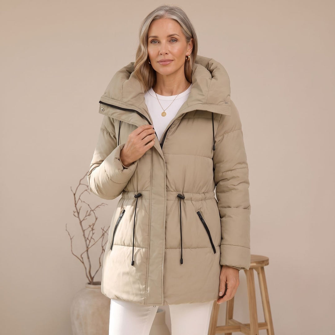 Damen Winterjacke Gesteppter Puffer-Mantel mit Kapuze und Taillenzug - Beige