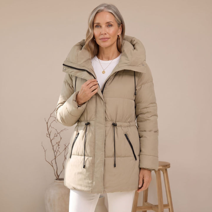 Damen Winterjacke Gesteppter Puffer-Mantel mit Kapuze und Taillenzug - Beige